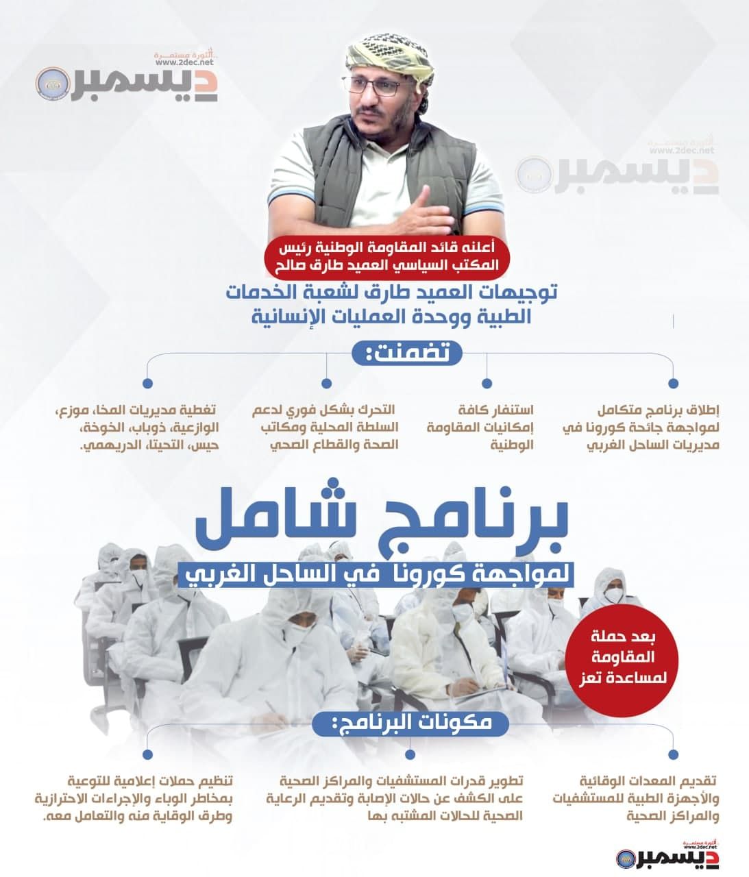 العميد طارق صالح يعلن برنامج لمواجهة كورونا في الساحل الغربي