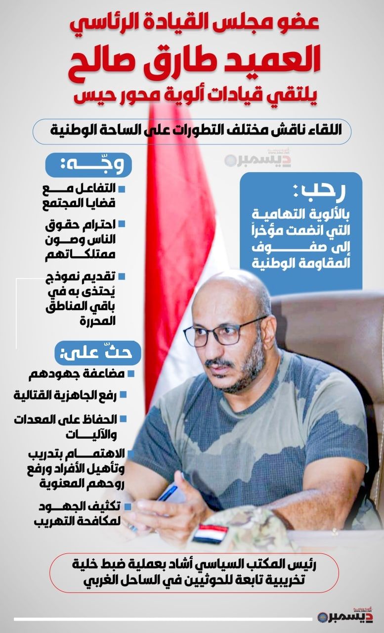 انفو جرافيك| عضو مجلس القيادة الرئاسي العميد طارق صالح يلتقي قيادات ألوية محور حيس