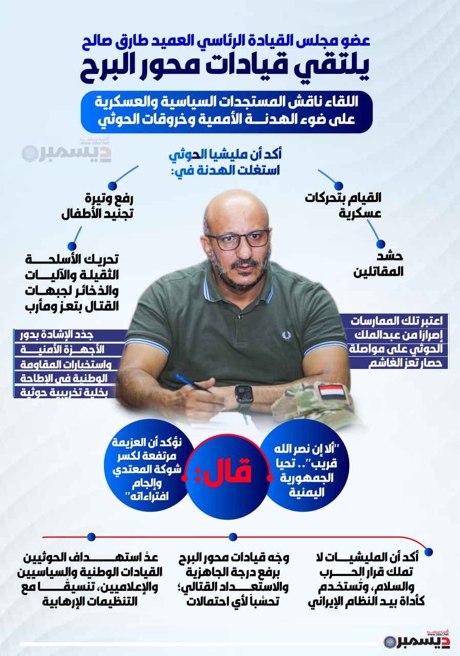 انفو جرافيك| عضو مجلس القيادة الرئاسي العميد الركن طارق صالح يلتقي قيادات محور البرح بتعز
