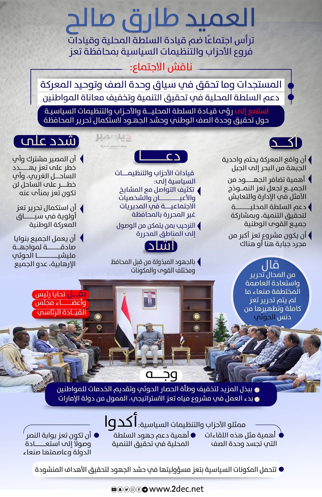 انفوجرافيك| لقاء العميد ‎#طارق_صالح بقيادة السلطة المحلية وأحزاب ‎#تعز
