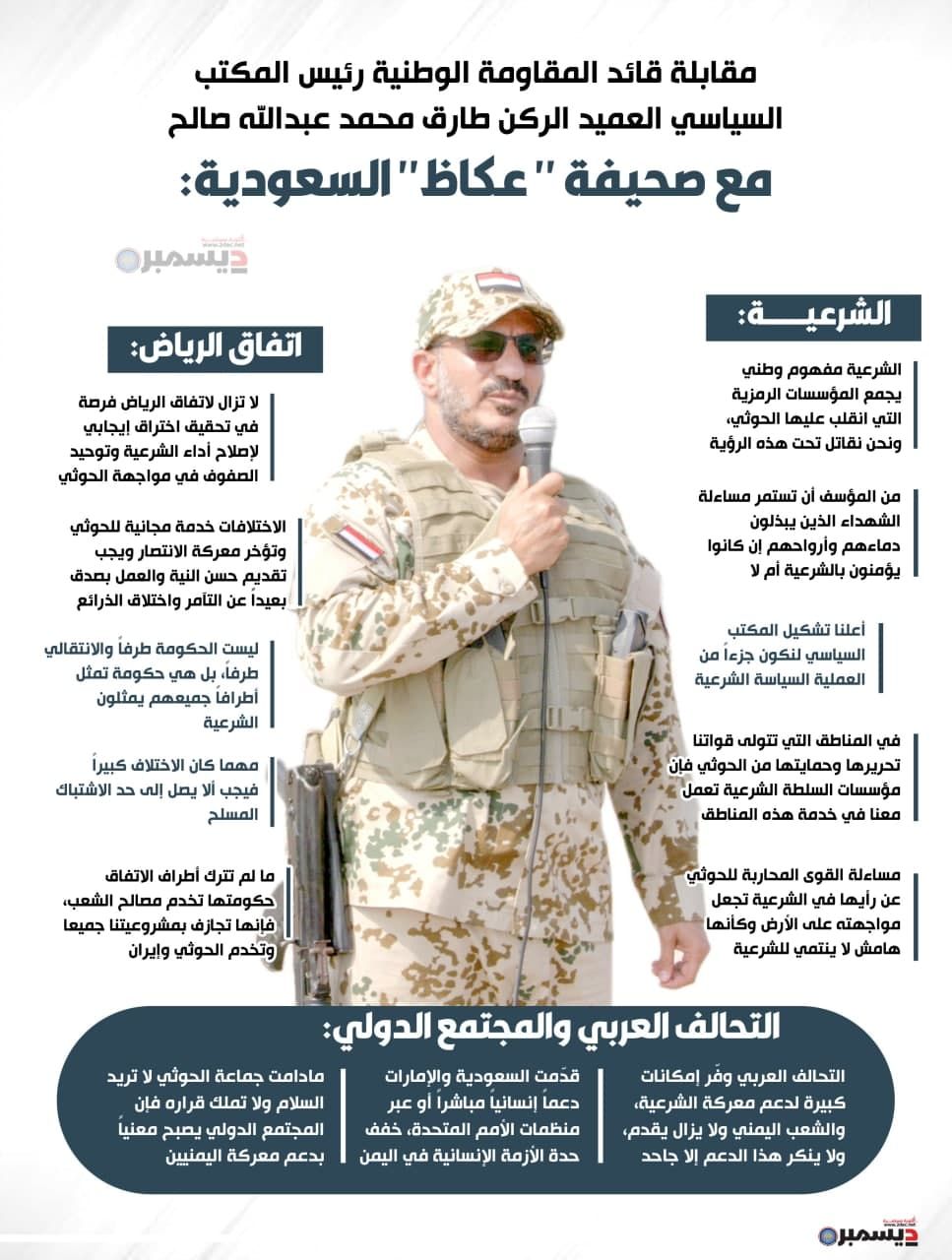 انفو جرافيك | حوار قائد المقاومة الوطنية العميد طارق صالح مع صحيفة عكاظ (2)