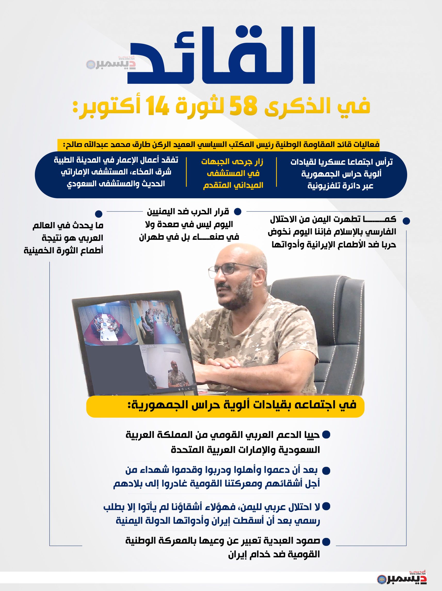 انفوجرافيك|  كلمة قائد المقاومة الوطنية اثناء ترأسه اجتماعا عسكريا بقيادات الالوية في الذكرى 58 لثورة 14 أكتوبر